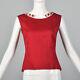 Xxs 1950s Red Cotton Shirt Sleeveless Vintage Floral Collar Button Back Top