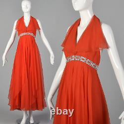 XXS 1970 Chiffon Halter Dress Sleeveless Sheer VTG Party Rhinestone Prom Holiday