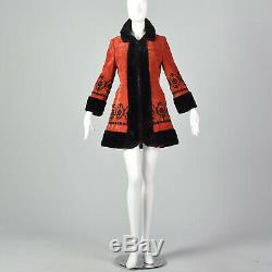 XXS 1970s Red Velveteen Princess Coat Velvet Russian Jacket Embroidered 1960s
