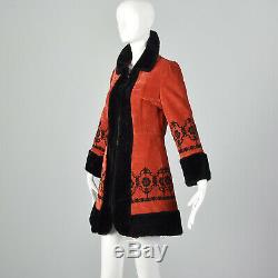 XXS 1970s Red Velveteen Princess Coat Velvet Russian Jacket Embroidered 1960s