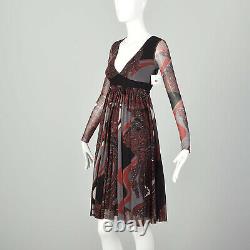 XXS Jean Paul Gaultier Soleil Red Dress Sexy Black Mesh Long Sleeves Designer