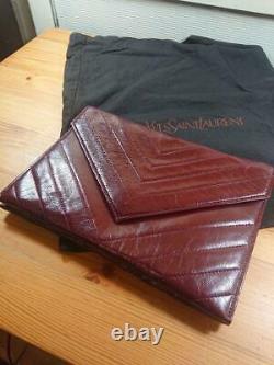 YSL Yves Saint Laurent Authentic Clutch Bag V Stitch Leather Vintage Wine-Red