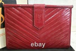 Yves Saint Laurent Red Leather Clutch Bag Chevron NWT YSL Vintage with Pouch & Box