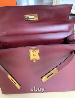 100% Authentique Hermes Kelly 28 Bordeaux Box Calf Bag Vintage