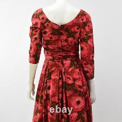 50s Vintage Femmes Xs Red Floral Empire Robe De Taille Col Rond Jupe Pleine