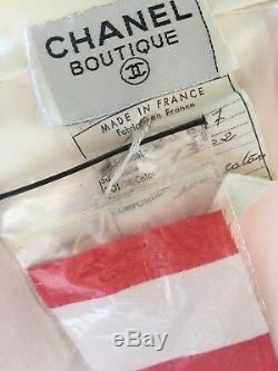 80s Rare Vintage New Coton Chanel Vibrant Rouge Rayé Jupe Veste De Costume 38