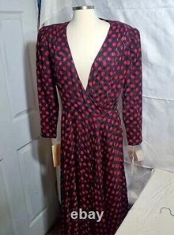Albert Nipon Femmes 80s Noir Rouge Polka Dot Designer Silk Crossover Robe Sz 14