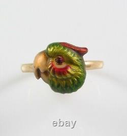 Antique 14k Or Art Nouveau Enamel & Ruby Eyed Perrot Bird Taille De Bague 6,25
