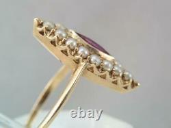 Antique Art Nouveau Solide 14k Gold Ruby & Seed Pearl Navette Ring