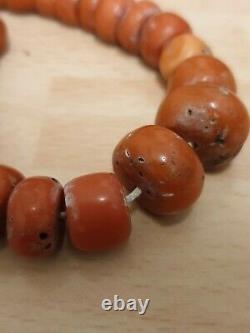 Antique Perles De Corail Rouge Naturel Collier Gradué Forme Barrique Arrondie 51g