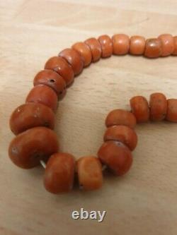 Antique Perles De Corail Rouge Naturel Collier Gradué Forme Barrique Arrondie 51g