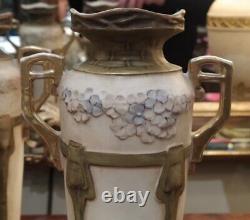 Antique Royal Dux Bohemia Paire Vases Art Nouveau Porcelaine Gilded Têtes Féminines