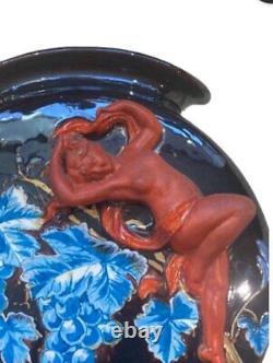 Antique Vase Stonishing Art Nouveau Émaillé Céramique Rouge Femelle Cépages Décor 20ème