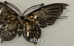 Argent Sterling Enamel Garnet Marcasite Pendentif Papillon Pin Brooch G41