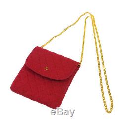Auth Chanel Matelassée Chaîne Accessoires Collier Pochette Rouge Coton Vtg A43823f