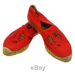 Auth Hermes Broderie Chaussures Plates Espadrilles Toile Rouge Lin # 38 Vtg Ak17225i