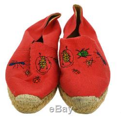 Auth Hermes Broderie Chaussures Plates Espadrilles Toile Rouge Lin # 38 Vtg Ak17225i