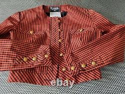 Auth. Rare Vintage Chanel Cropped Jacket Red Taffeta Silk Camellia Buttons 38/s