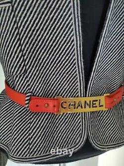 Auth. Veste Chanel Vintage Très Rare Noir/blanc Avec Ceinture Logo En Cuir Rouge 38