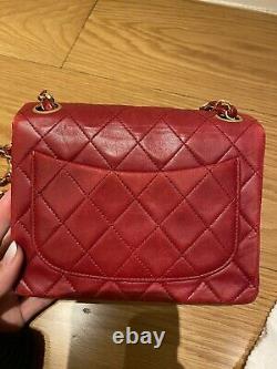 Authentic Vintage Chanel Mini Lambskin Flap Bag In Red Very Rare And Good Cond