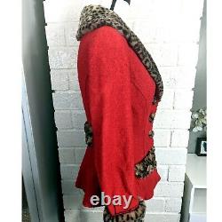 Betsey Johnson Luxe Taille P/xs Vintage 90s Red Leopard Faux Fur Trim Coat