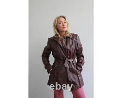 Blouson en cuir bordeaux ceinturé vintage des années 1970 pour femme, taille moyenne à large