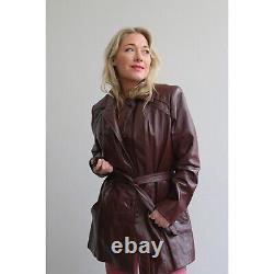 Blouson en cuir bordeaux ceinturé vintage des années 1970 pour femme, taille moyenne à large