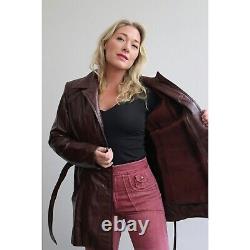 Blouson en cuir bordeaux ceinturé vintage des années 1970 pour femme, taille moyenne à large