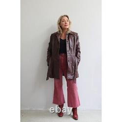 Blouson en cuir bordeaux ceinturé vintage des années 1970 pour femme, taille moyenne à large