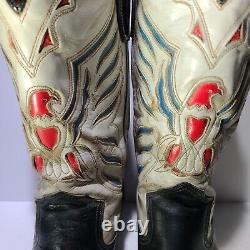 Bottes de cowgirl et cowboy ACME Vintage avec incrustation d'aigle rouge et bleu et motif de l'oiseau sur fond blanc, pointure 7.5.