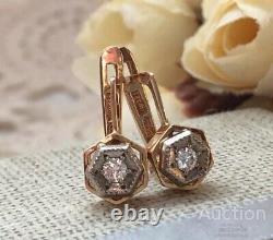 Boucles D'oreilles Vintage Or 585 14k Ukriane Diamants Yakut Femmes Bijoux Ancien Soviétique