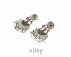 Boucles d'oreilles à pampilles en topaze rouge et verte vintage en argent sterling 925 EG9432