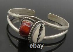 Bracelet manchette fendu en argent sterling 925 avec pierre rouge vintage et cauris BT5687