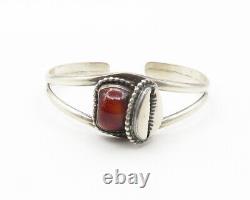 Bracelet manchette fendu en argent sterling 925 avec pierre rouge vintage et cauris BT5687