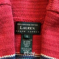 Cardigan Vintage Lauren Ralph Lauren pour femmes, petit, rouge, tricoté à la main, avec des motifs aztèques et des conchos.