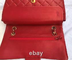 Chanel Double Flap Chain Shoulder Bag Red Lambskin Leather Quilted Vintage