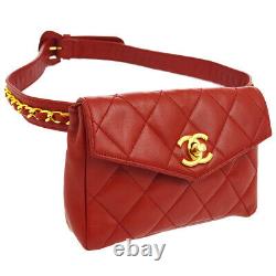 Chanel Quilted CC Chain Waist Bum Bag Red Leather Vintage Authentic K08392f