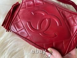Chanel Vintage 80's 90's Red Lambskin Leather Camera Tassel Quilted Shooter Bag