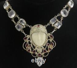 Collier chaîne en argent 925 avec visage sculpté en topaze rouge et blanche vintage NE1245