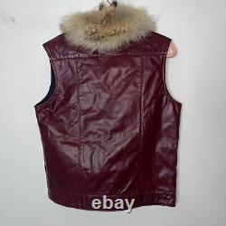 Conceptions de vestes en cuir vintage pour femmes de la taille 38 avec col en fourrure rouge foncé