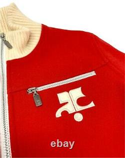 Courreges Vintage Logo Haut Col De Baseball Veste Zip Tricot #38 Laine Rouge Rangab+