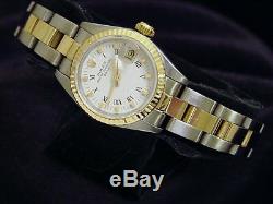 Date Rolex Lady 2tone Montre En Or Jaune 18 Carats En Acier Oyster Romaine Cadran Blanc 69173
