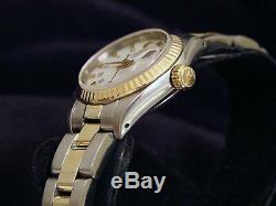 Date Rolex Lady 2tone Montre En Or Jaune 18 Carats En Acier Oyster Romaine Cadran Blanc 69173