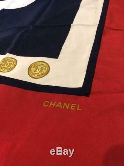 Écharpe Authentique Vintage Chanel Rouge Blanc Bleu Marine Soie 100% CC Logo Made In Italy