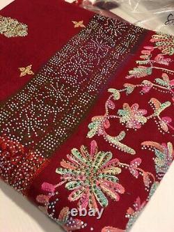 Écharpe vintage pour femmes en tissu indien avec des strass et des bijoux, couleur rouge foncé, 88x42