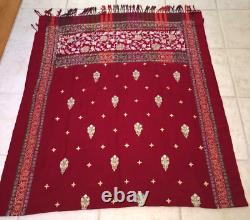 Écharpe vintage pour femmes en tissu indien avec des strass et des bijoux, couleur rouge foncé, 88x42