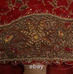 Écharpes longues en georgette rouge vintage lourde Sushila avec perles à la main