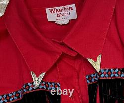 États-unis Vintage Femmes Cowgirl Robe Rouge Avec Black Fringe Silver Collar Conseils Poches