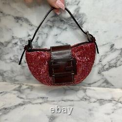 Fendi Rare Vintage Red Beaded Micro Mini & Brown Leather Logo Croissant Bag