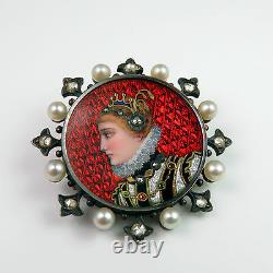Fine Victorian Diamond Enamel Brooch Pin Natural Pearl 18k Gold Antique Portrait